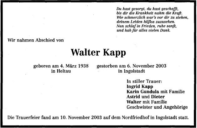 Kapp Walter 1938-2003 Todesanzeige